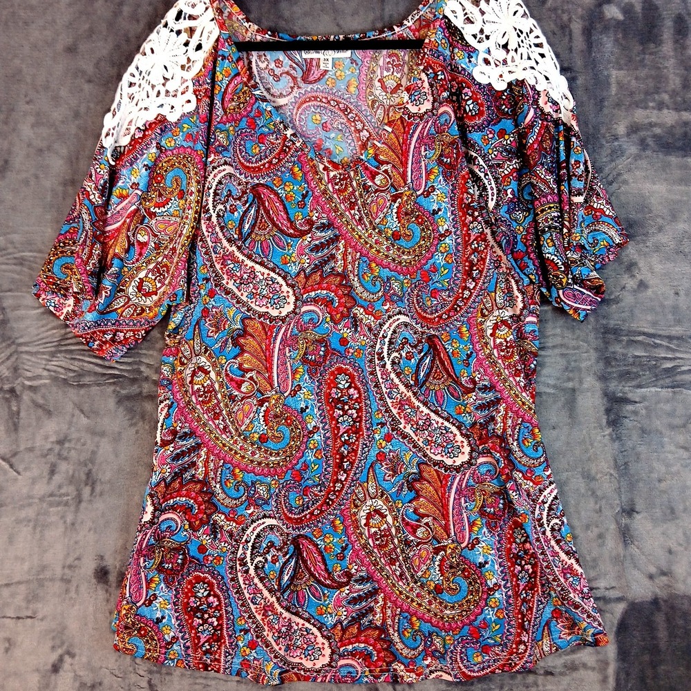 Stem & Vine Shirt Womens 3X Multicolor Paisley Boho Lace‎ Shoulder Plus Size Top
